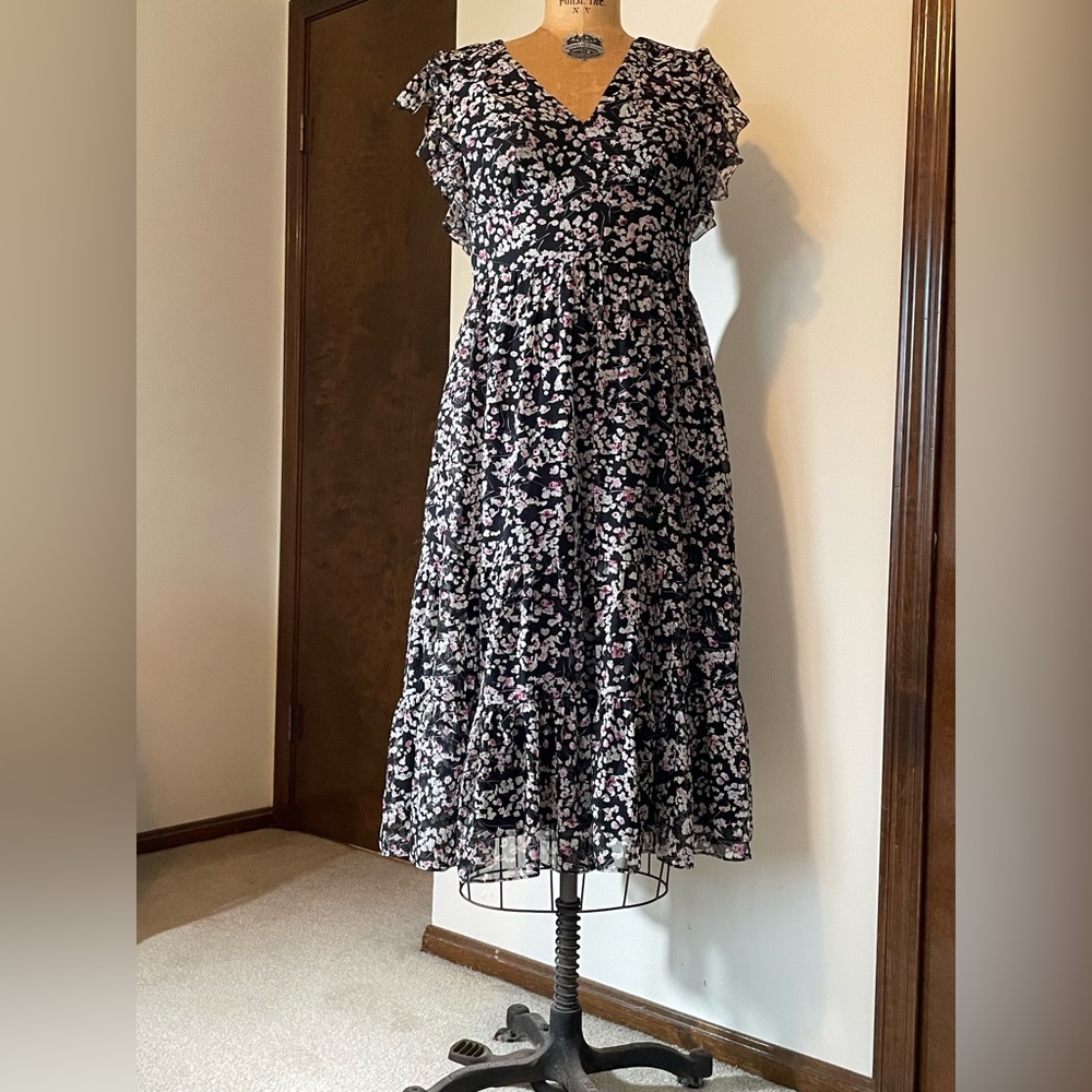 Banana Republic Black Floral Midi Dress.